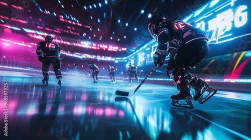 Futuristic ice hockey match under glowing neon lights, players in high-tech gear racing across a shimmering ice rink, with holographic scoreboards tracking every move