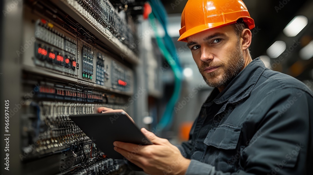 Engineer in safety gear inspects electrical control panel using a digital tablet in an industrial setting, ensuring system functionality. Engineer in safety gear inspects electrical control panel using a digital tablet in an industrial setting, ensuring system functionality.