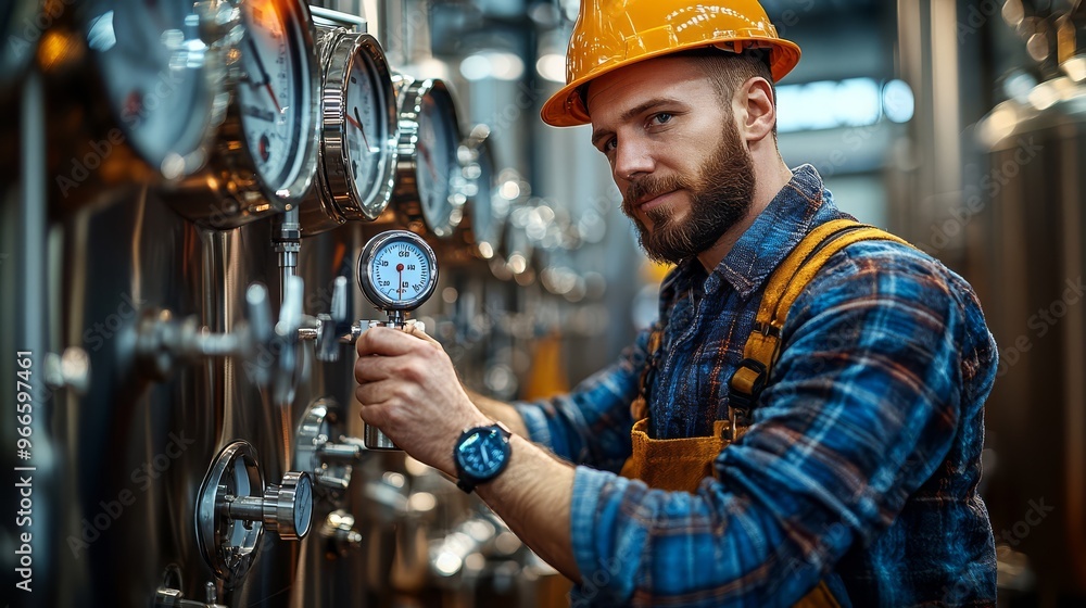 Engineer with hard hat checking pressure gauge in industrial brewery, ensuring proper functioning of the equipment. Engineer with hard hat checking pressure gauge in industrial brewery, ensuring proper functioning of the equipment.
