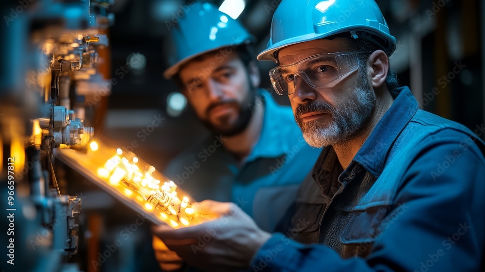 Engineers in protective gear examining a control panel in an industrial setting with focused attention to detail and teamwork. Engineers in protective gear examining a control panel in an industrial setting with focused attention to detail and teamwork.