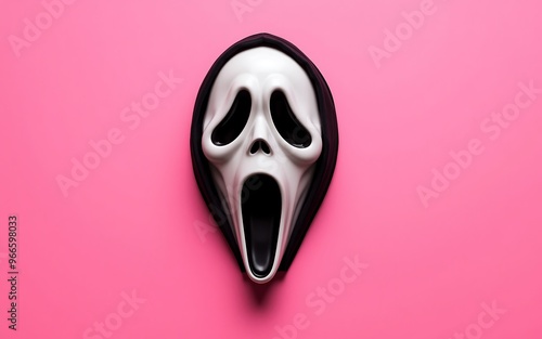 A white and black ghost mask on a pink background, perfect for Halloween decorations and spooky designs. 