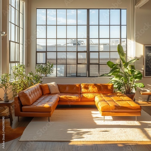 Soft caramelcolored leather sectional sofa, midcentury modern design, set in a bright, airy loft with large windows and natural sunlight photo