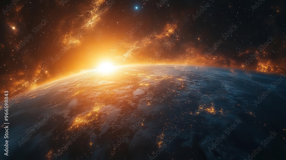 cosmic scene featuring earth and sun rendered in vibrant colors surreal space landscape with swirling nebulas and starfields perfect for digital device backgrounds cosmic scene featuring earth and sun rendered in vibrant colors surreal space landscape with swirling nebulas and starfields perfect for digital device backgrounds
