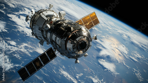 衛星軌道上に浮かぶ宇宙ステーションと地球をリアルに描いたAI生成画像