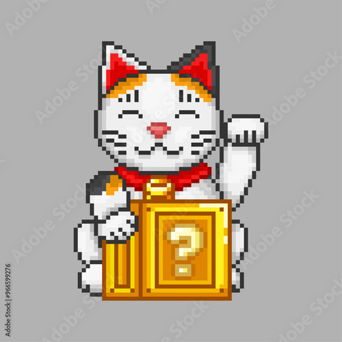 Fortune cat with a mysterious box, pixel art animal