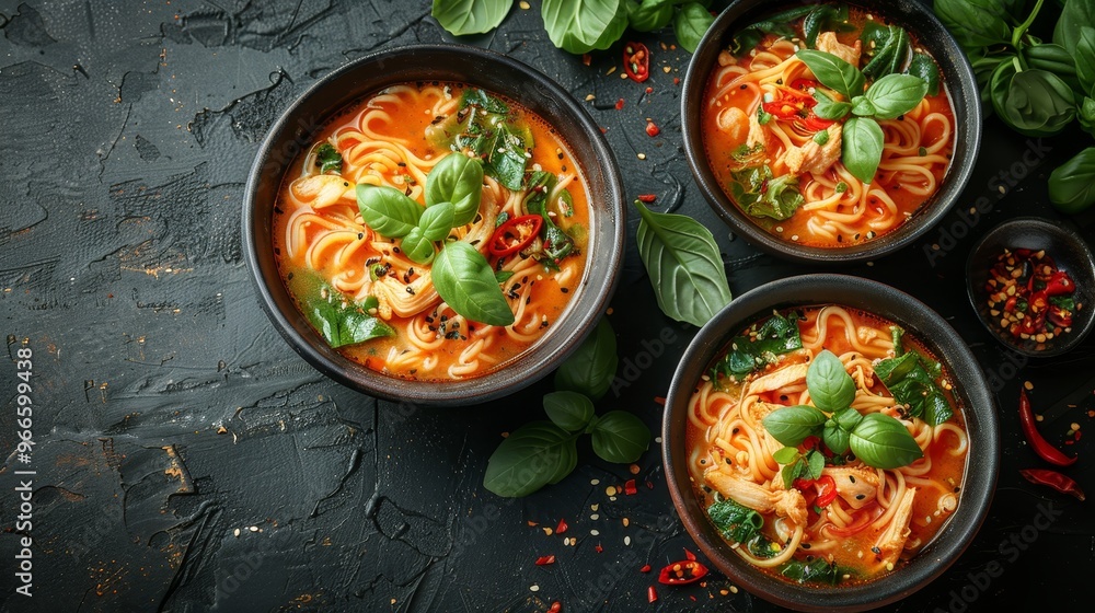 Three Bowls of Spicy Asian Noodle Soup with Chicken, Spinach, and Chili Peppers, Top View, with copy space Three Bowls of Spicy Asian Noodle Soup with Chicken, Spinach, and Chili Peppers, Top View, with copy space