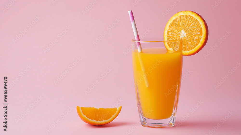 Fototapeta premium glass of orange juice with straw and half orange next to it in arose background