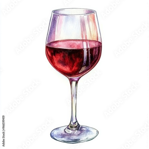 Elegant watercolor illustration of a glass of red wine clipart, isolate on white, with a hint of reflection