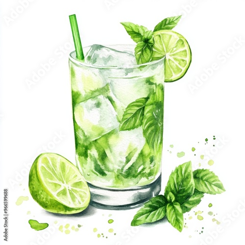 Wallpaper Mural Refreshing watercolor clipart of a mint mojito, isolated on white, with mint leaves and lime slices Torontodigital.ca