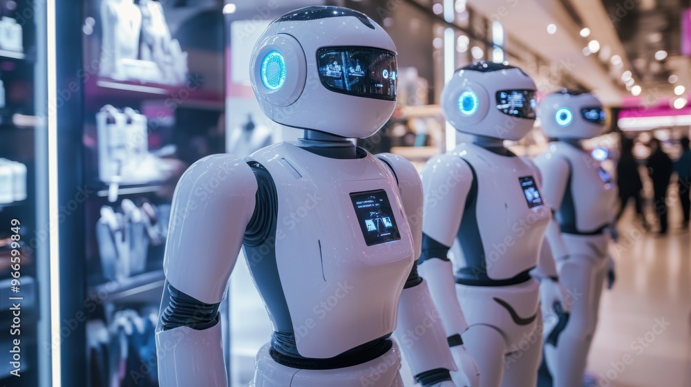 Advanced Humanoid Robots on Display in Modern Technology Showroom Advanced Humanoid Robots on Display in Modern Technology Showroom