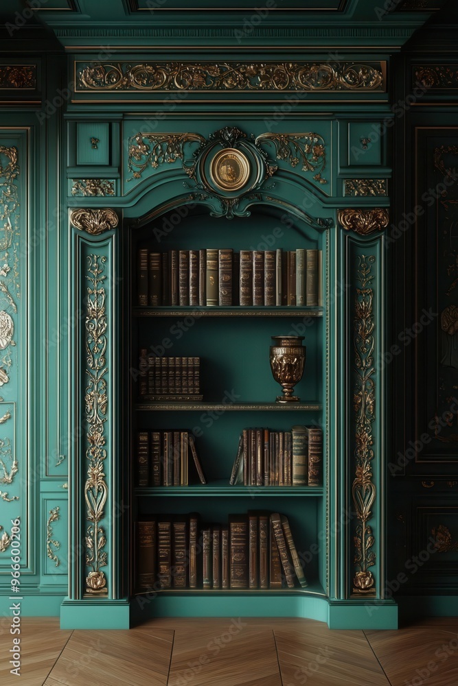 Obraz premium Bookshelf flat design front view Victorian theme 3D render splitcomplementary color scheme