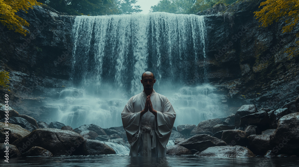 Obraz premium 滝で修業するイメージ