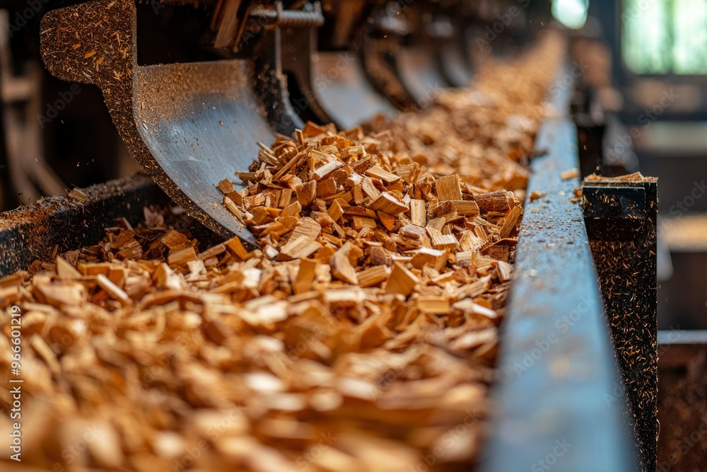 Wood Chips Falling From Industrial Conveyor Belt Wood Chips Falling From Industrial Conveyor Belt