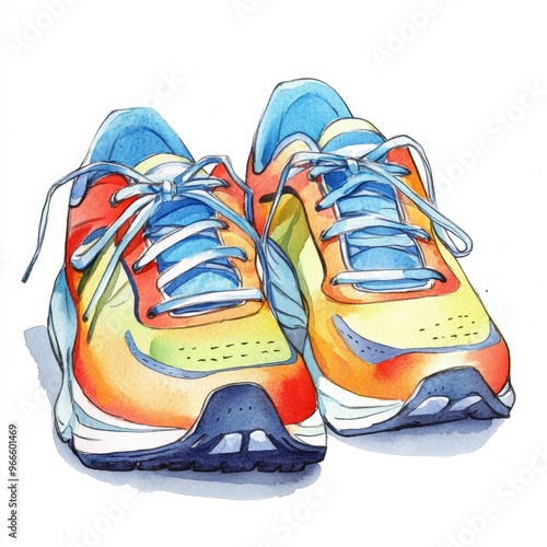Lively watercolor illustration of a pair of running shoes clipart, isolate on white, ready for adventure