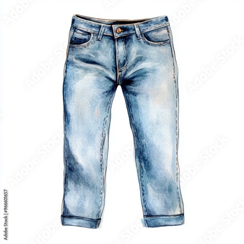 Trendy watercolor clipart of high-waisted jeans, isolated on white, capturing the essence of casual fashion