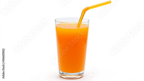 A close up of  orange juice glass with straw isolated on white background