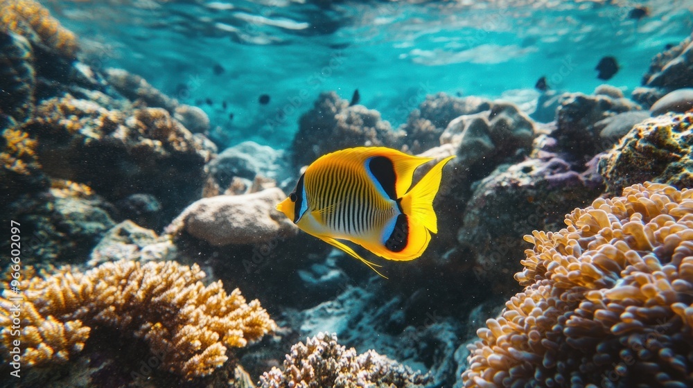 Underwater Paradise: A vibrant yellow and black fish swims through coral reef Underwater Paradise: A vibrant yellow and black fish swims through coral reef