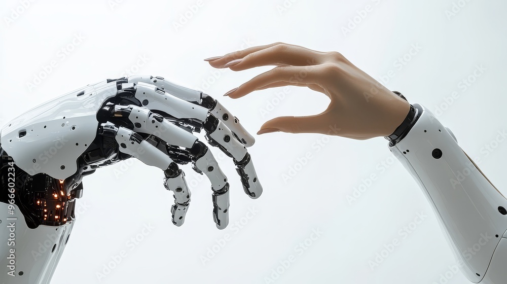 Human and robot hands reaching out to each other, symbolizing ...
