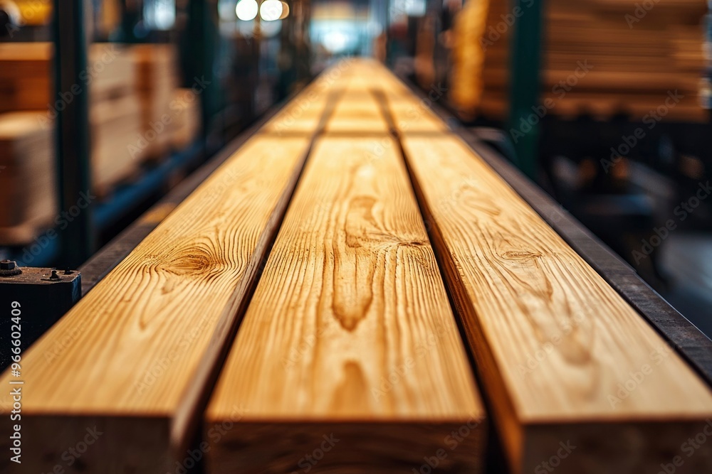 Close-up of Three Smooth Wooden Boards on a Conveyor Belt Close-up of Three Smooth Wooden Boards on a Conveyor Belt