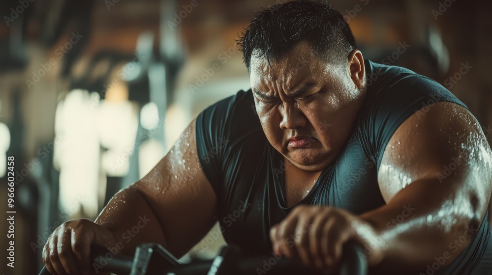 Intense workout session with a determined man pushing himself on a stationary bike, captured in gritty gym environment. Intense workout session with a determined man pushing himself on a stationary bike, captured in gritty gym environment.