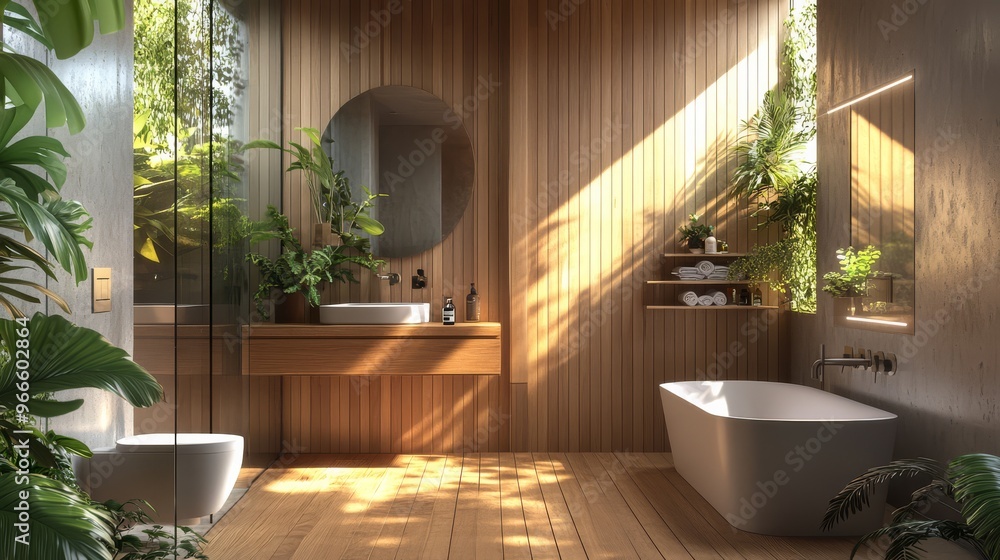 Luxurious modern bathroom with wooden panels, a round mirror, and large bathtub, illuminated by natural light and surrounded by plants. Luxurious modern bathroom with wooden panels, a round mirror, and large bathtub, illuminated by natural light and surrounded by plants.