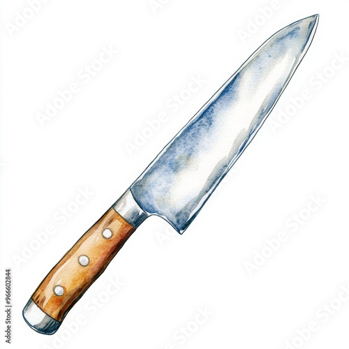 Artistic watercolor illustration of a chefs knife clipart, isolate on white, with a sharp blade and wooden handle