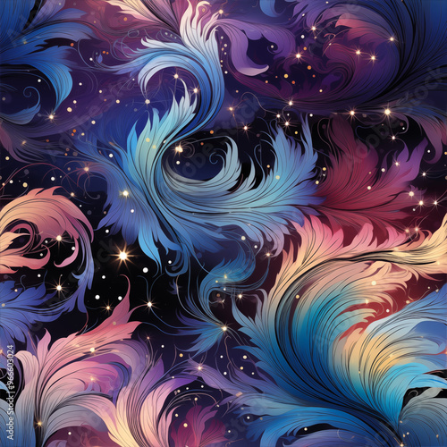 Fantasy floral pattern with glowing petals, iridescent colors, and whimsical swirling vines, inspired by mystical landscapes 