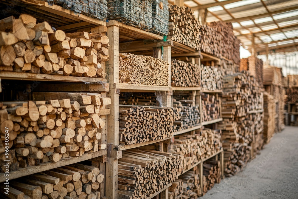Stacked Wooden Logs and Planks in a Warehouse
