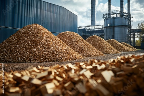 Wood Chip Piles Near Industrial Plant