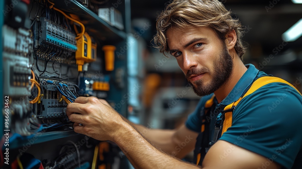 Male technician working on wiring in an electrical control panel. Focused on maintenance and repair in an industrial setting. Male technician working on wiring in an electrical control panel. Focused on maintenance and repair in an industrial setting.