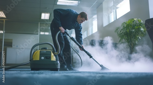 Man cleaning office carpet with steam cleaner, modern workspace with large windows and potted plant for a fresh and professional environment.