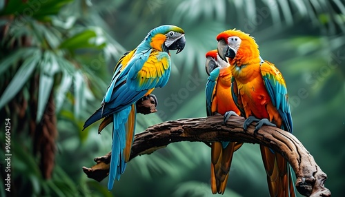 Colorful macaws perched in a vibrant rainforest, displaying their stunning feathers amidst lush greenery and natural splendor photo