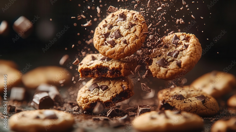 decadent array of freshly baked cookies dramatically shattered midair with streams of melted chocolate creating abstract patterns against a dark background decadent array of freshly baked cookies dramatically shattered midair with streams of melted chocolate creating abstract patterns against a dark background