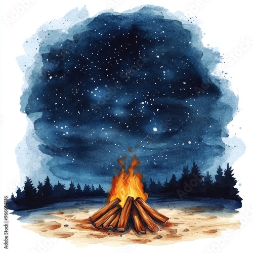 Cozy watercolor clipart of a campfire under a starry night sky, isolated on white, capturing the essence of outdoor adventures