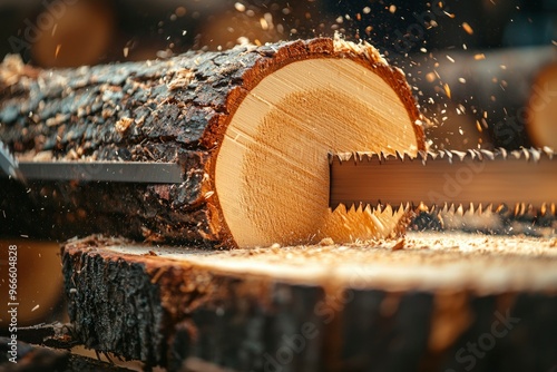 Close-up of a Saw Blade Cutting Through a Log photo