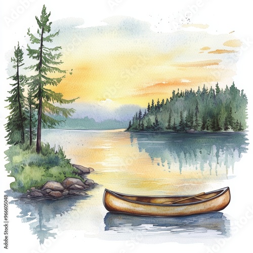 Serene watercolor illustration of a lakeside camping scene clipart, isolate on white, with a canoe resting by the water