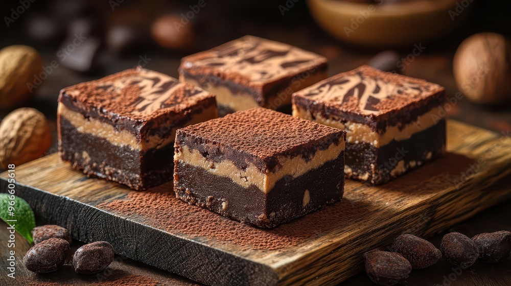 decadent trio of homemade fudge squares marbled with rich chocolate and creamy peanut butter artfully arranged on rustic wooden board with a dusting of cocoa powder decadent trio of homemade fudge squares marbled with rich chocolate and creamy peanut butter artfully arranged on rustic wooden board with a dusting of cocoa powder
