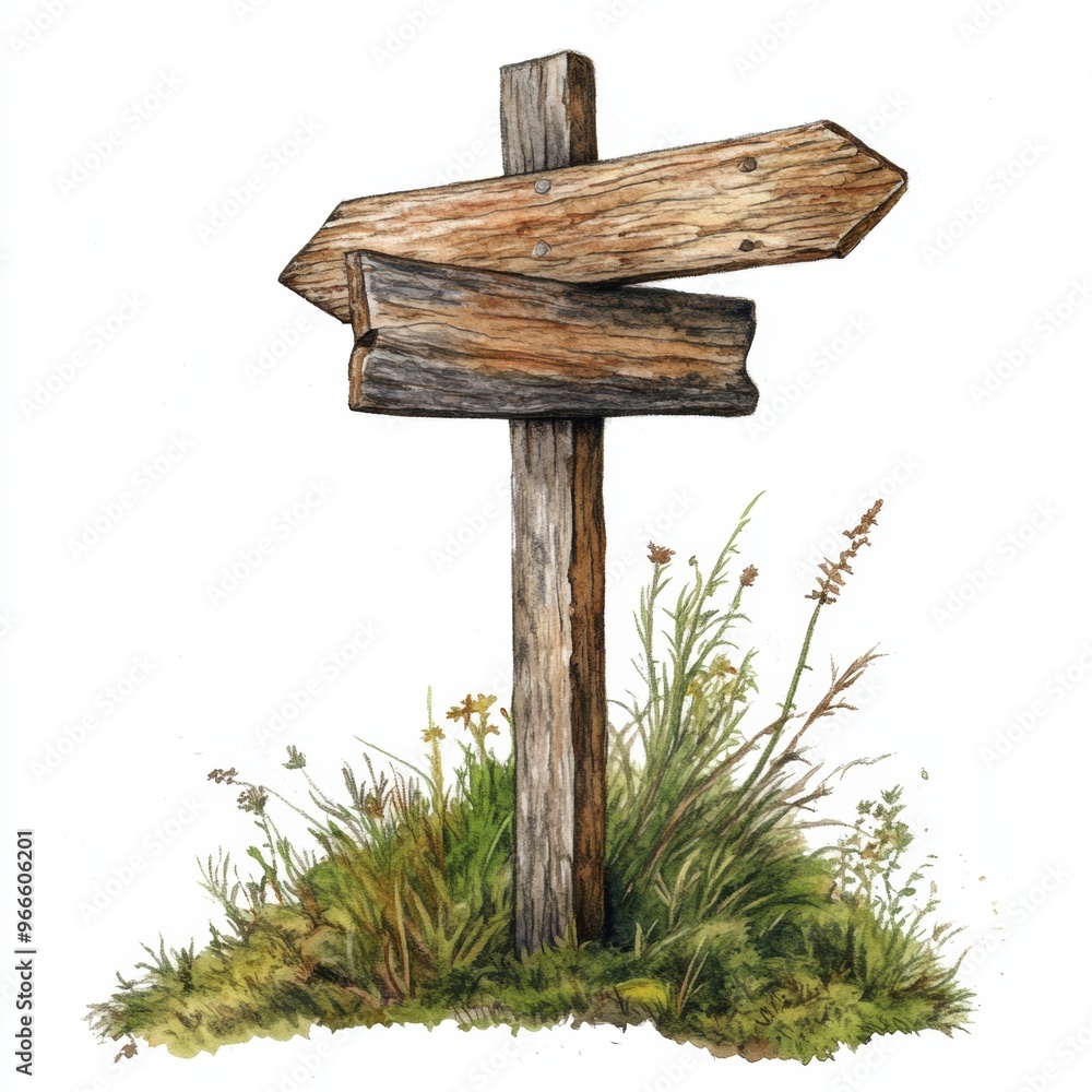 Fototapeta premium Quaint watercolor illustration of a wooden signpost clipart, isolate on white, marking the trails and campsite directions