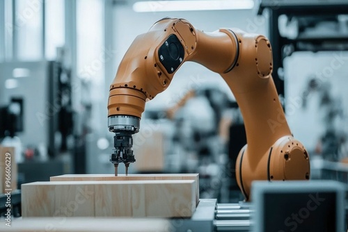 Robotic Arm Working on Wooden Block in a Factory Setting photo