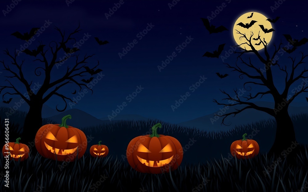 Spooky Halloween night scene with glowing orange pumpkins and dark silhouettes of trees against a full moon.
Spooky Halloween night scene with glowing orange pumpkins and dark silhouettes of trees against a full moon.
