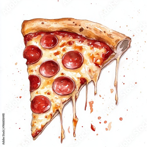 Lively watercolor illustration of a pizza slice clipart, isolate on white, with melting cheese and pepperoni photo