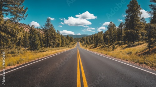 Open road through a scenic forest landscape under a blue sky with fluffy clouds, perfect for travel and adventure themes.