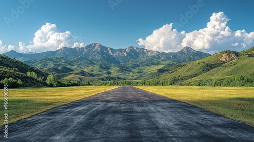 Open road leading to lush green mountains on a sunny day with fluffy clouds in the blue sky, perfect for travel and adventure enthusiasts photo