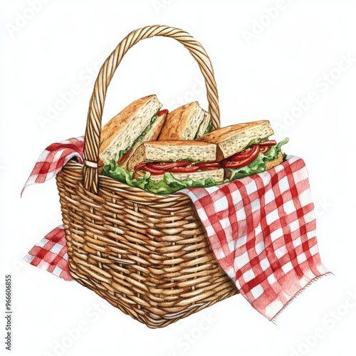 Nostalgic watercolor illustration of a picnic basket clipart, isolate on white, filled with sandwiches and a red checkered cloth photo