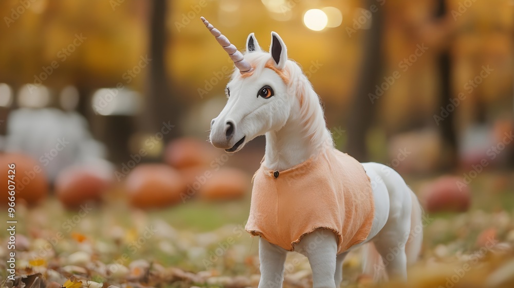 White Unicorn in Autumn Forest with Orange Pumpkins White Unicorn in Autumn Forest with Orange Pumpkins