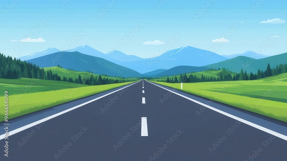 Fototapeta premium Vibrant front view of an infinite road, flat design, animated to evoke continuous exploration