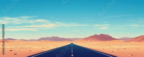 Serene desert road, infinite horizon, flat design, soft gradients, animated look