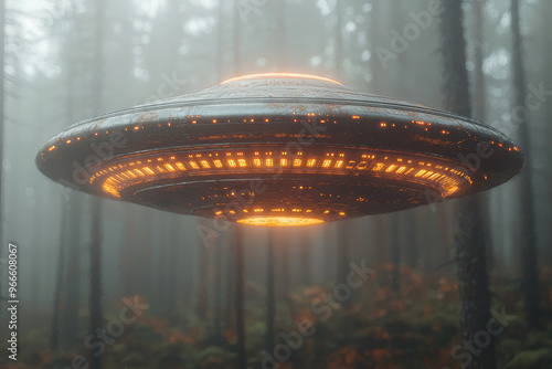 A shimmering, disc-shaped UFO with changing colors, hovering above a misty forest during early morning light. Concept of extraterrestrial activity and morning mist. photo