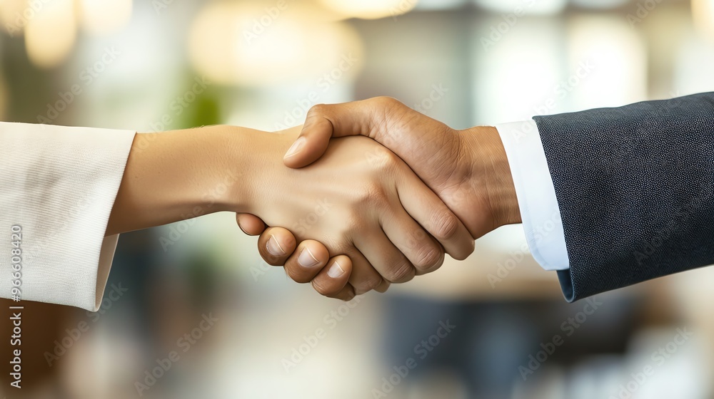 Close-up of a handshake between a man and a woman in business attire. Close-up of a handshake between a man and a woman in business attire.