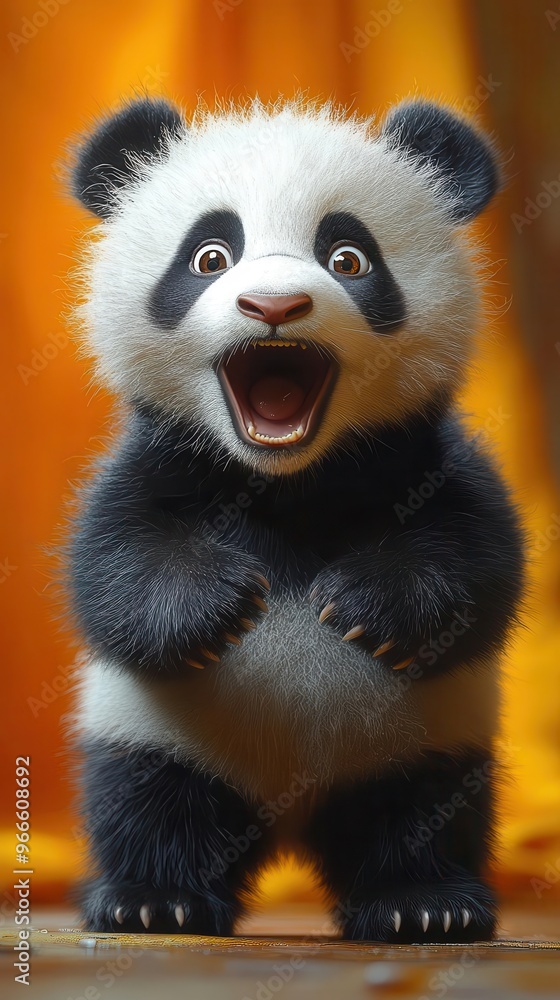 anthropomorphic panda with exaggerated expression of awe standing against vibrant yellow backdrop hyperrealistic fur texture wide eyes raised paws cinematic lighting anthropomorphic panda with exaggerated expression of awe standing against vibrant yellow backdrop hyperrealistic fur texture wide eyes raised paws cinematic lighting